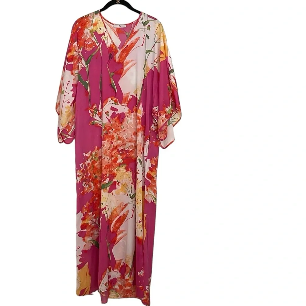 Natori Floral Caftan Nightgown Cover-Up Pink Orange V-Neck XS